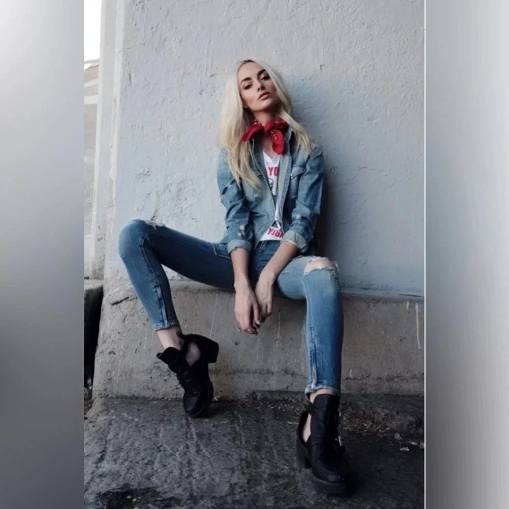 Pistola Ripped Knee Distressed Ankle Zipper Mid Rise Skinny Jeans Stretch Y2K